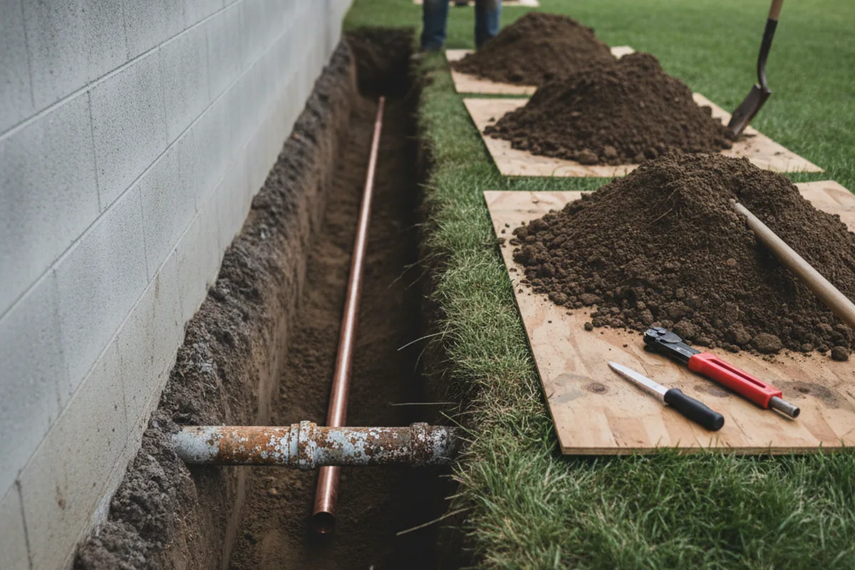 Excavated water line trench during Sewer Line Repair in Carrollton